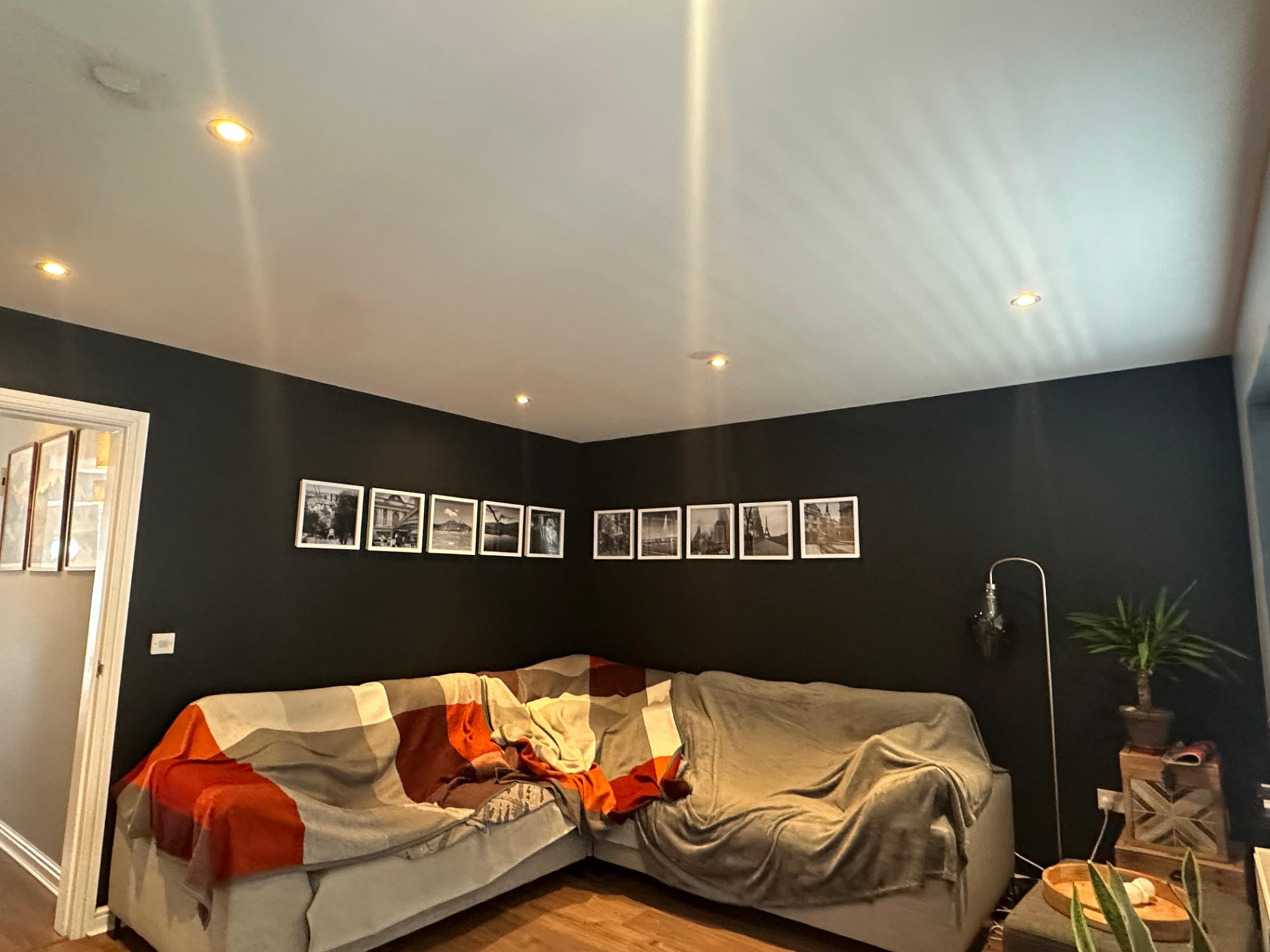 Living room feature wall with recessed spotlights highlighting a dark panelled finish