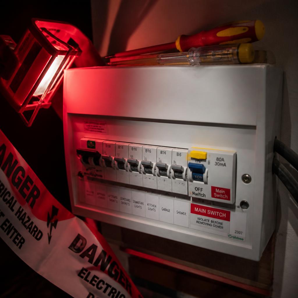 Consumer unit lit by an emergency worklight with danger tape and insulated tools during an out of hours electrical callout