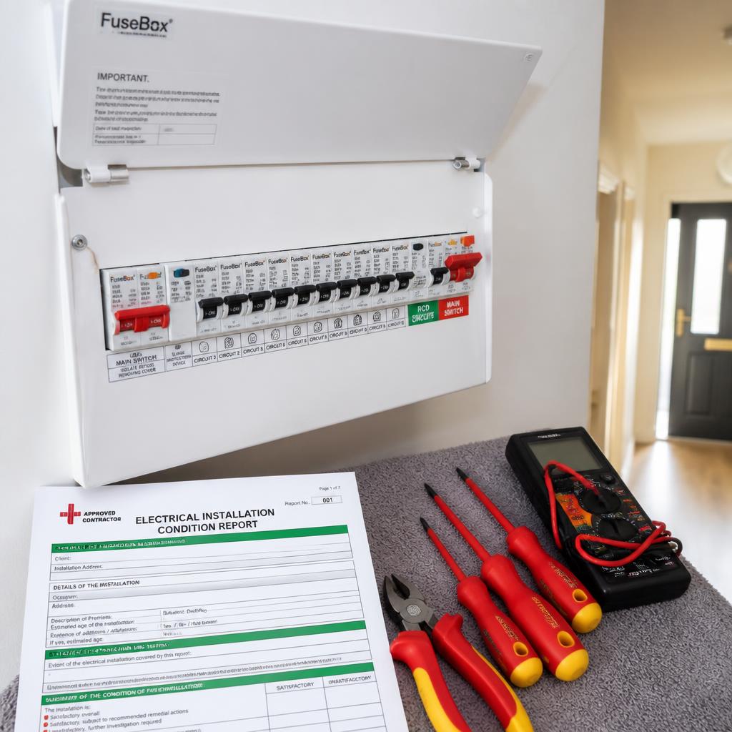 Consumer unit open for a domestic electrical maintenance visit with insulated screwdrivers, multimeter and installation condition report